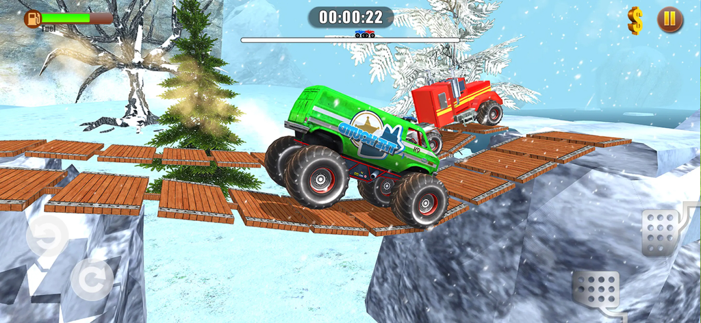 Green monster truck racing across a wooden bridge in a snowy mountain environment