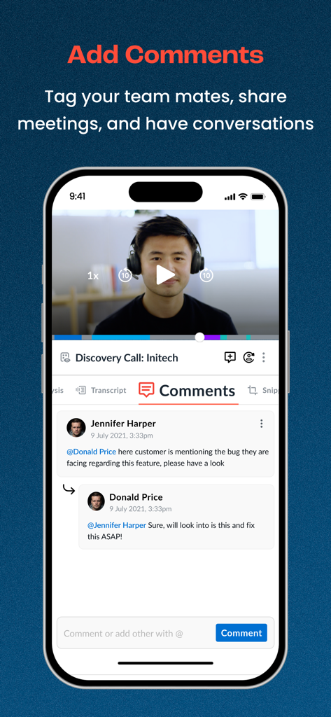 Avoma app interface showing a meeting video recording with a collaborative comment thread between team members
