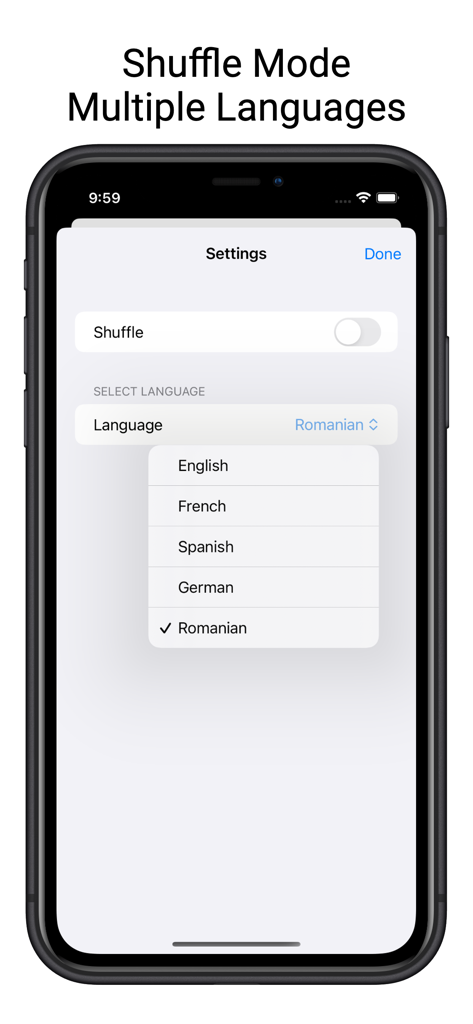 Alphabet Flash Cards for kids - Tela de configurações do aplicativo Cartões de Alfabeto mostrando o botão de embaralhar e as opções de seleção de idioma para inglês, francês, espanhol, alemão e romeno