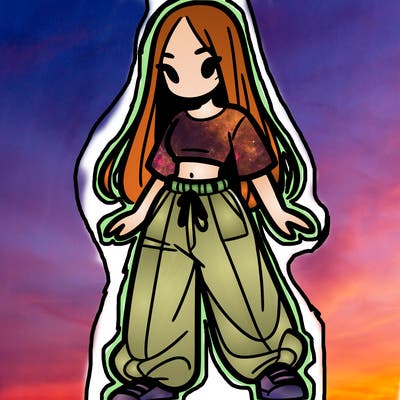 girl in baggy pants crop top and long hair