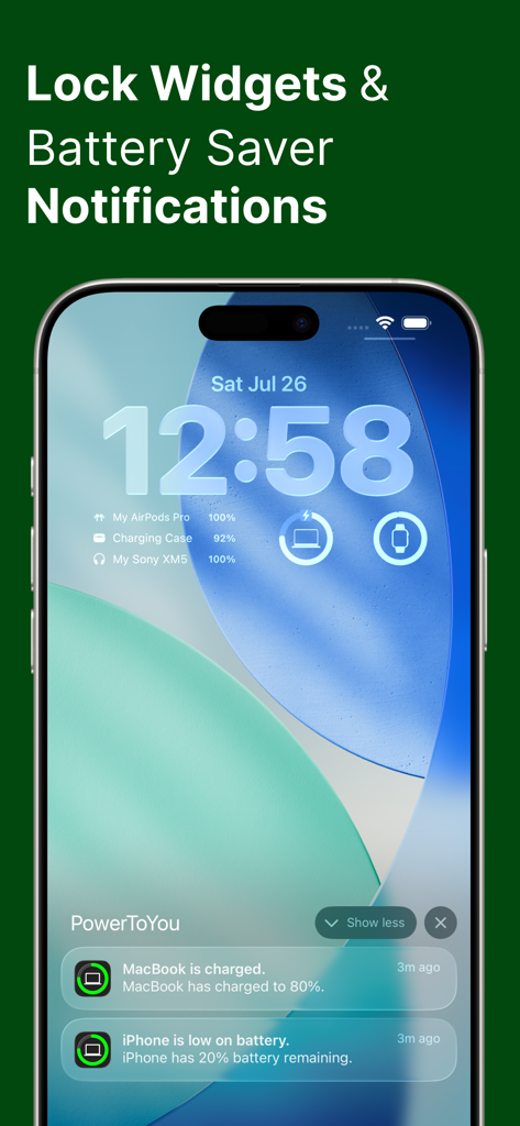 Battery Widget: PowerToYou - iPhone lock screen showing PowerToYou battery widgets and device charge notifications.