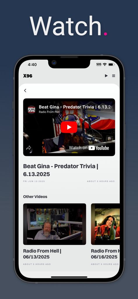 A screenshot of the X96 app's video watch section featuring Radio From Hell show segments and trivia.