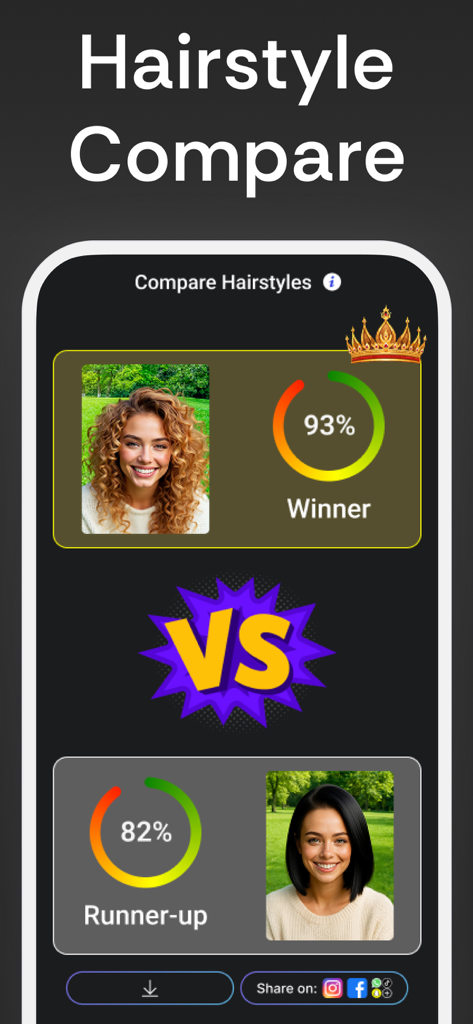 Hair Type: AI Hairstyle Try On - AI hairstyle comparison screen showing suitability scores for different looks
