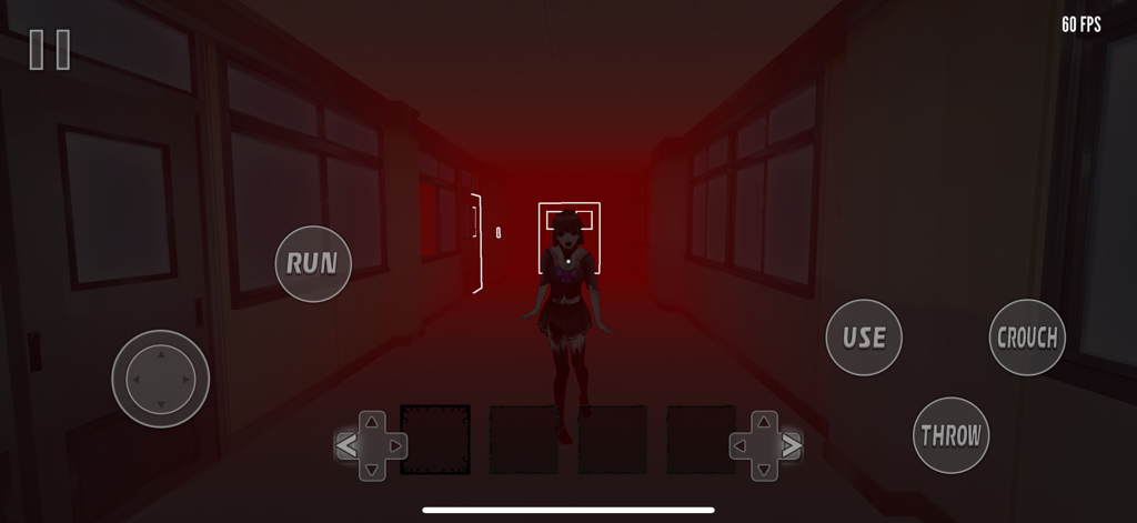 Fragmented Fear - Gameplay screenshot of Fragmented Fear showing a character in a dark school corridor with red mist and mobile controls.