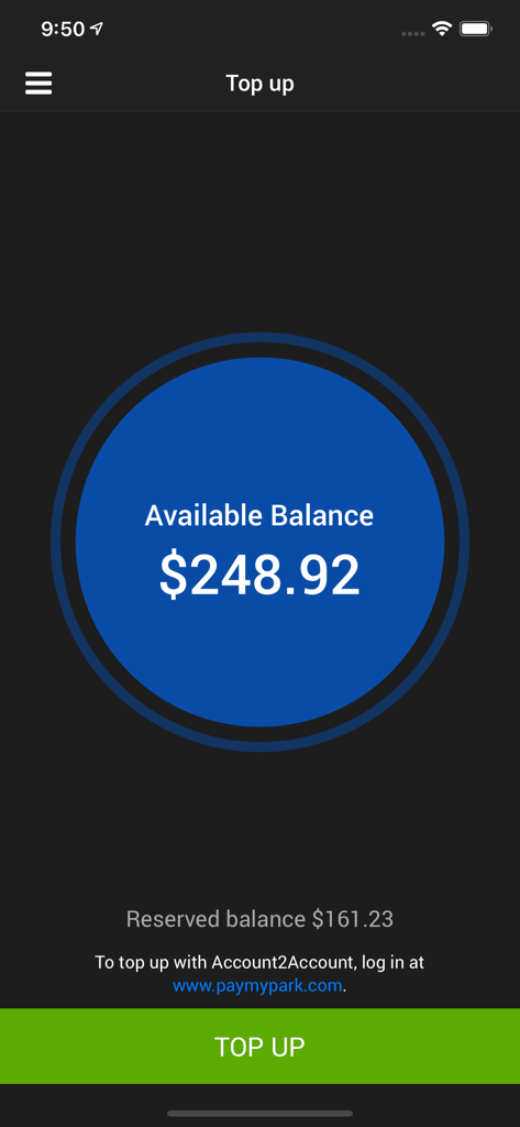 PayMyPark app top up interface showing available account balance and reserved balance