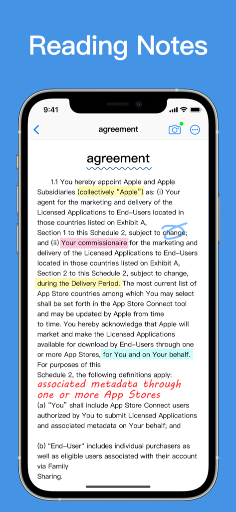 Notes+ : Notes for Pencil - Reading and annotating a document with highlights and handwriting in the Notes plus app on an iPhone.