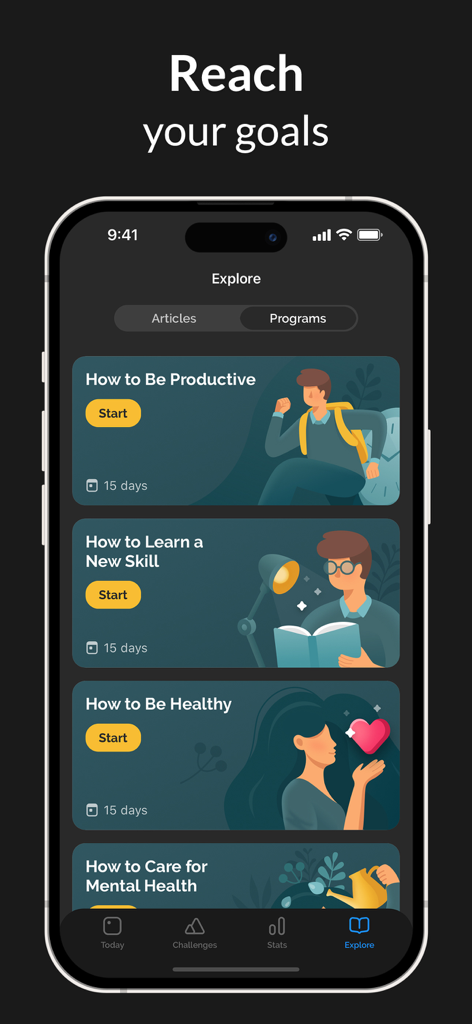 La pantalla Explorar de la aplicación Productive Habit Tracker que muestra varios programas guiados para la productividad y la salud.