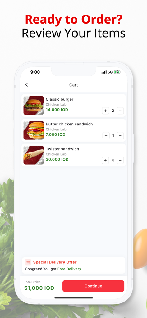 Reviewing food items in the Talabatey app shopping cart with prices in Iraqi Dinars.