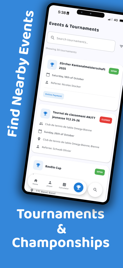 List of upcoming Swiss table tennis tournaments and championships in the TTStats mobile app