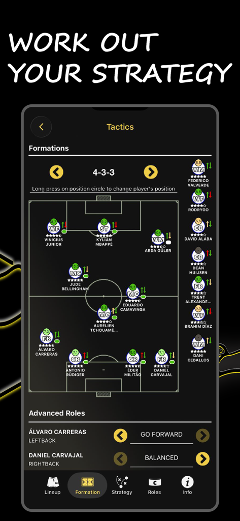 Be the Manager 2026: Soccer - Pantalla de tácticas de fútbol de Be the Manager 2026 mostrando una formación 4-3-3 con jugadores estrella.