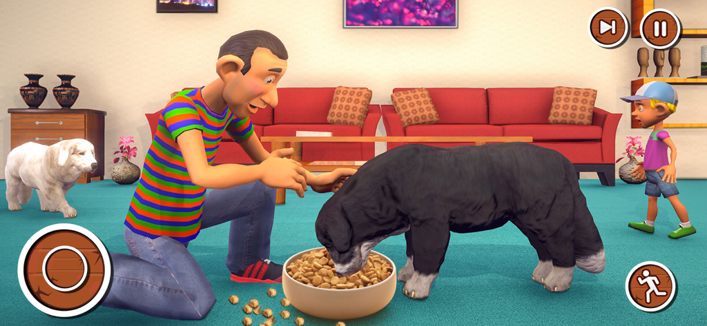 Virtual Pet-Animal Escape Game - Un personnage nourrissant un chien noir avec une gamelle dans le salon d'un jeu d'animaux de compagnie virtuels