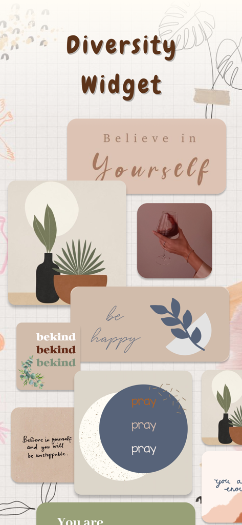Icon Changer - Aesthetic OS 17 - A collection of aesthetic iPhone widgets featuring motivational quotes and minimalist illustrations in soft earthy tones.