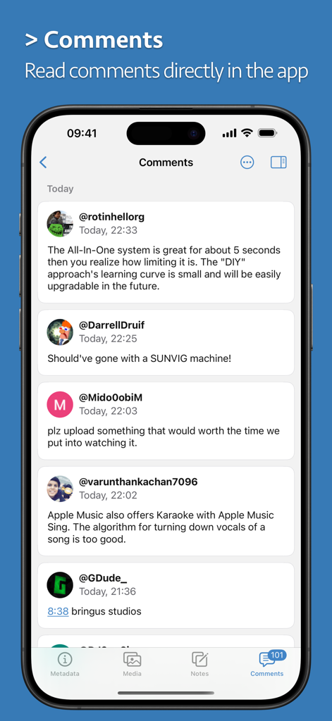 News Explorer app interface showing comments from various users on an article
