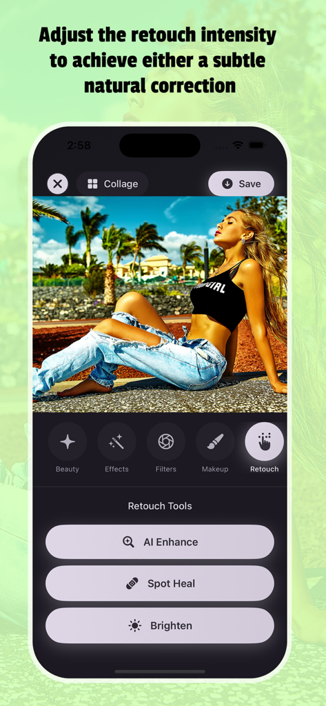 Photo Edit Studio+ - Interfaz de la aplicación Photo Edit Studio plus mostrando herramientas de retoque que incluyen Mejora IA y Corrección de Manchas