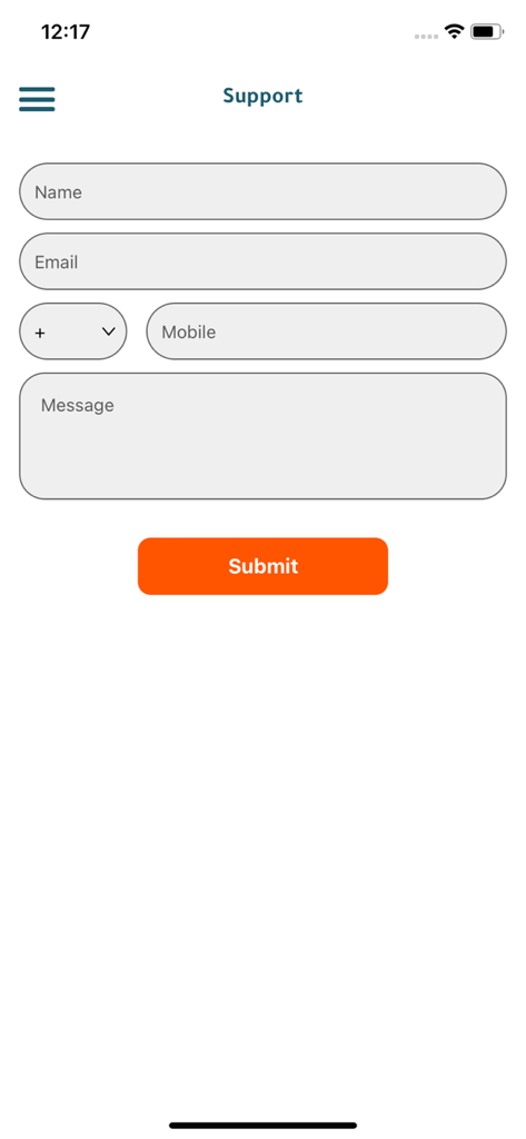 Sky Application - SkyApp Kundensupport-Seite mit einem Kontaktformular mit Feldern für Name, E-Mail, Handynummer und einer Nachrichtenbox mit einem orangen Senden-Button.
