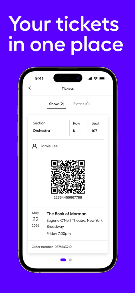 Ein mobiler App-Bildschirm, der ein digitales Theater-Ticket für The Book of Mormon mit einem QR-Code und Sitzplatzinformationen anzeigt