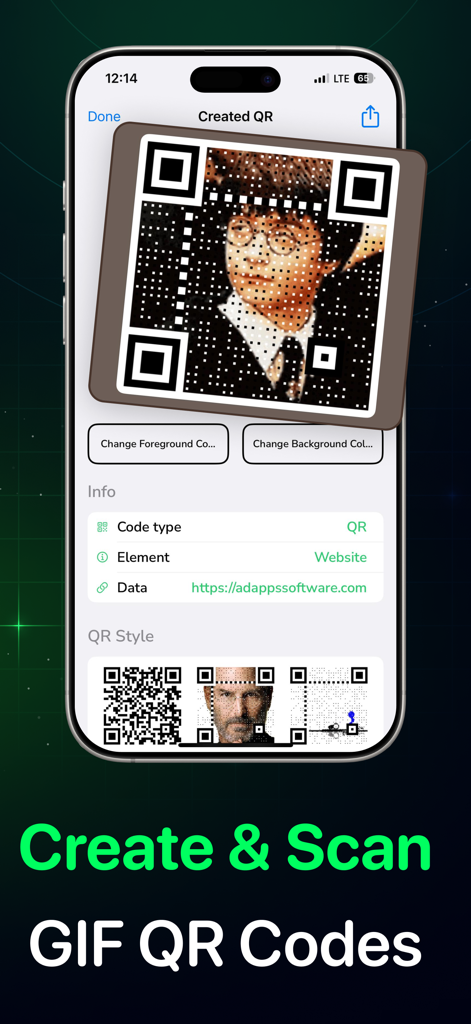 NFC Tools & RFID Scanner - NFC Tools app interface showing a custom GIF QR code with a portrait image