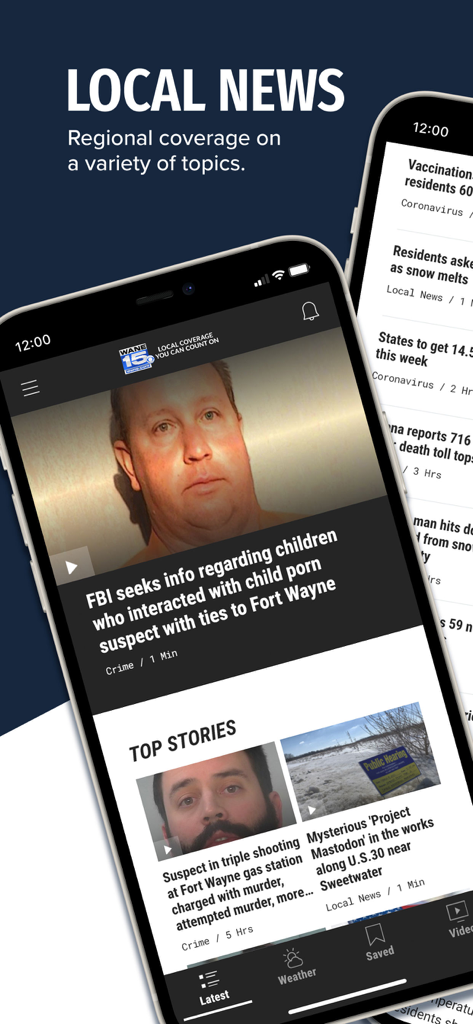 WANE 15 mobile app interface showing local news headlines and top stories for the Fort Wayne region