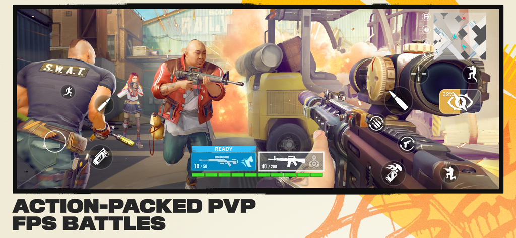 Urban Heat: FPS - First-person shooter gameplay in Urban Heat featuring urban combat with multiple characters and customizable weapons