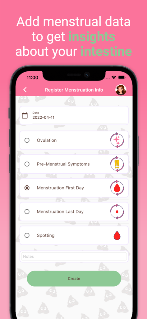 Happy Poop: Toilet Journal Log - Menstrual data registration screen in the Happy Poop app for gut health insights
