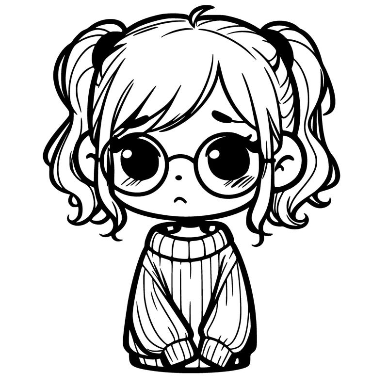 sad girl with untied hair and with glasses and a sweater