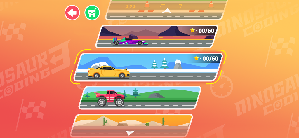 Coding for kids - Racing games - Level selection screen featuring various race cars and environments in Dinosaur Coding 3