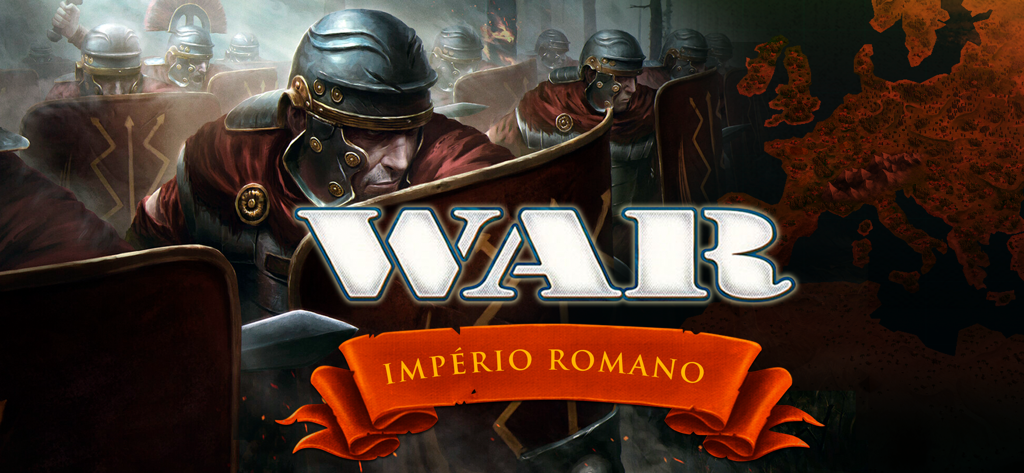 War - Grow - Pantalla de título del Imperio Romano del juego de estrategia móvil War Grow con soldados romanos y un mapa de Europa en rojo