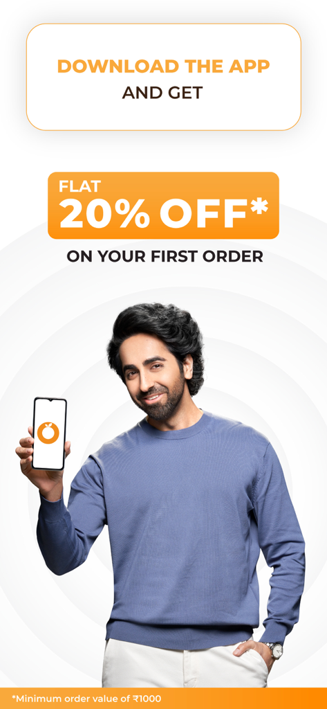 Orange Health Labs: Blood Test - Promotional screen for Orange Health Labs offering a 20 percent discount on first order