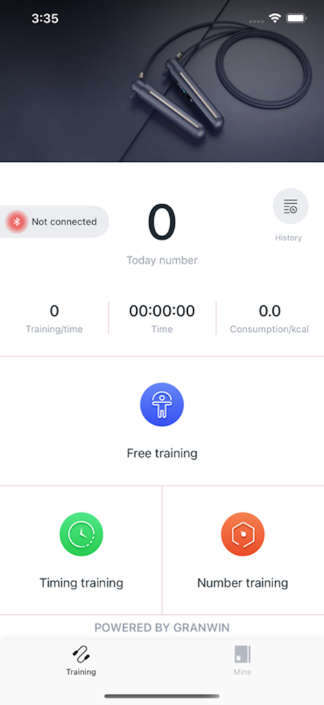 Enjoy rope skipping - Interface of the Enjoy rope skipping app showing training modes and fitness tracking statistics