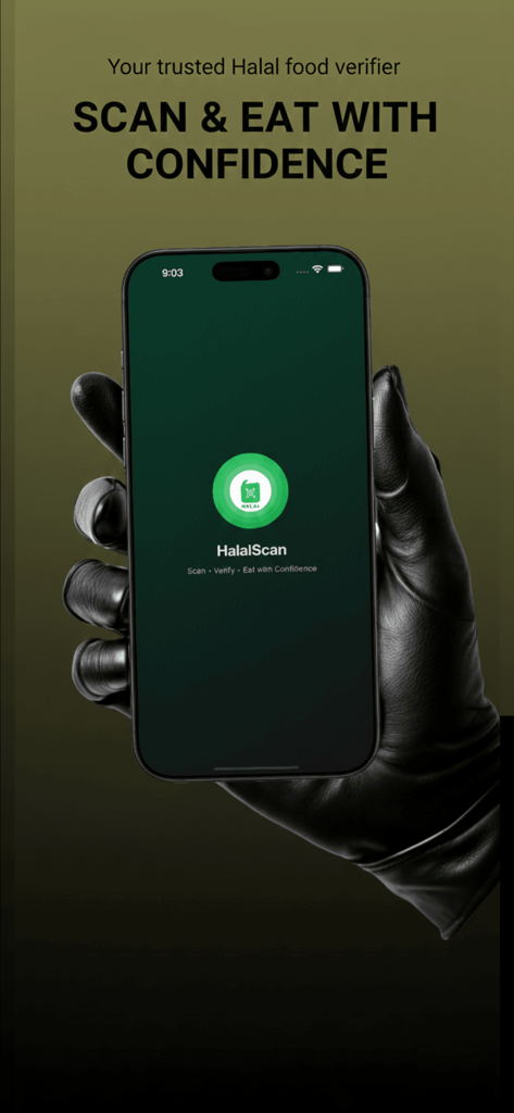 A gloved hand holding a smartphone displaying the Halal Finder app with the tagline Scan and Eat with Confidence
