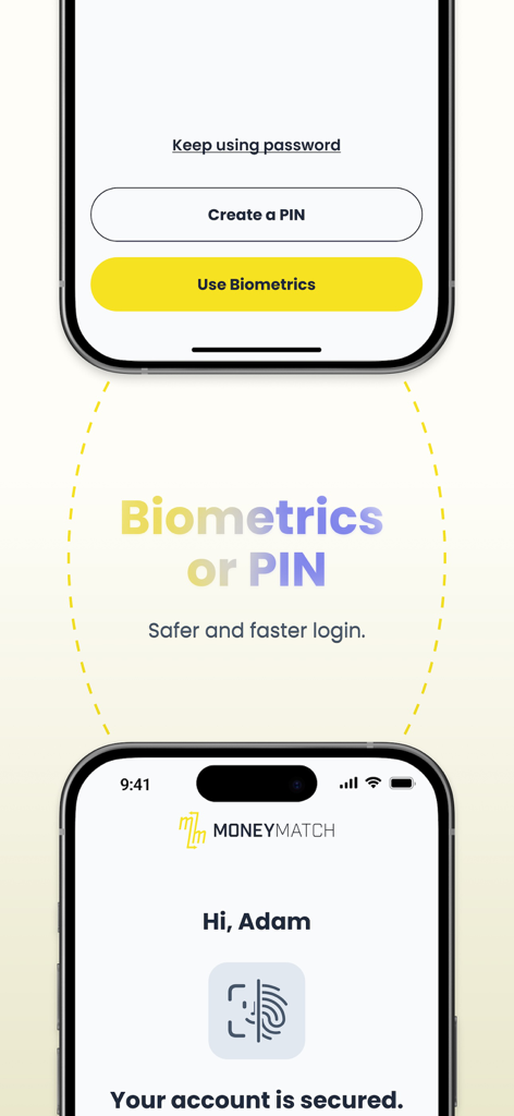 MoneyMatch - MoneyMatch app login screen showing biometrics and PIN options for secure access