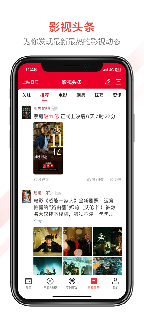 Mobile interface of the Maoyan Professional Edition app showing a news feed with Chinese film industry headlines and box office updates.