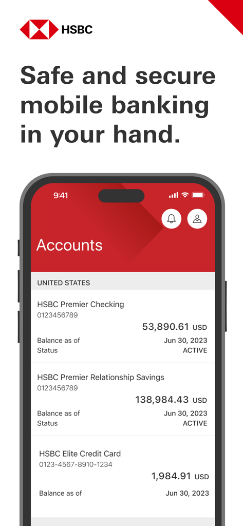 HSBC US - HSBC US mobile banking app showing Premier checking and savings account balances