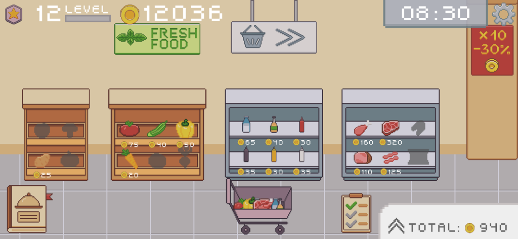 KitchenCraft: cooking business - Una pantalla de supermercado de arte pixelado en KitchenCraft que muestra estantes de ingredientes frescos y un carrito de compras