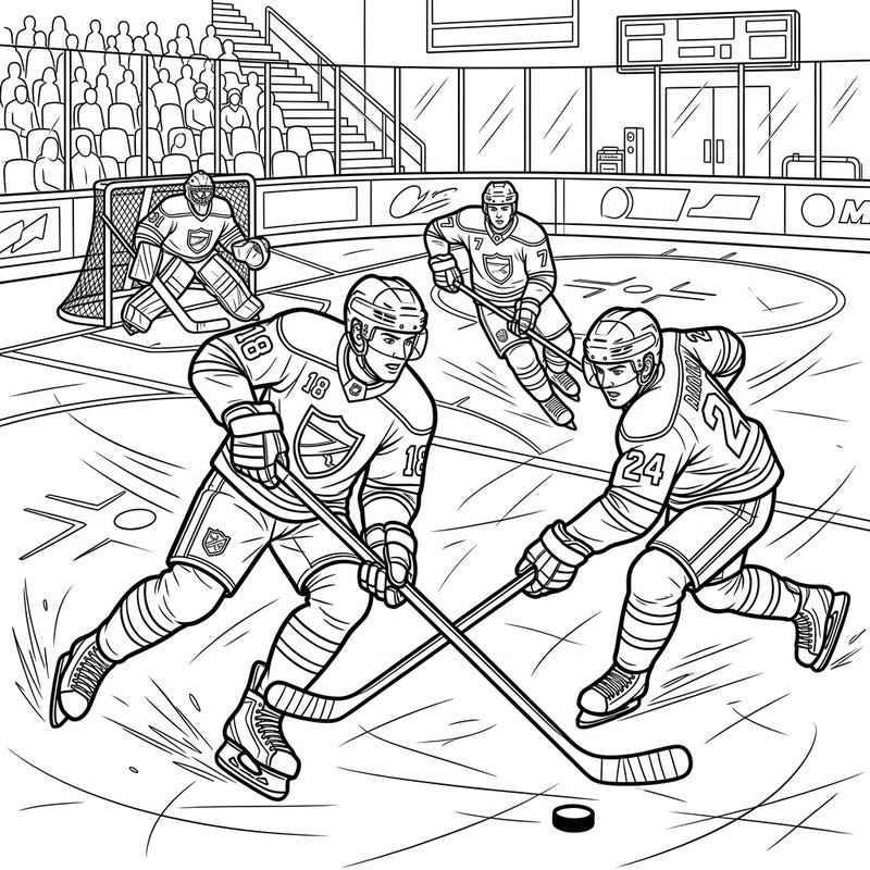 Dive into the fast-paced world of ice hockey with this action-packed coloring page. Featuring skilled players battling for the puck, it's a perfect challenge for sports enthusiasts of all ages.
