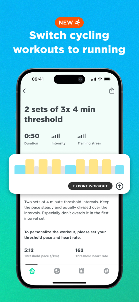 Running threshold interval workout screen in the JOIN Cycling Coach app