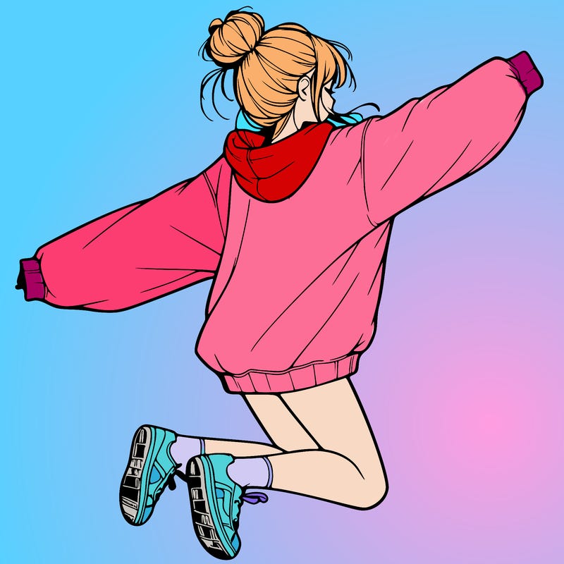 realistic girl jumping with a bun and oversized sweatshirt
