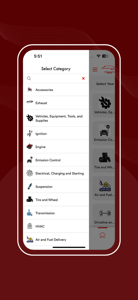 Insta Auto Parts - Mobile app screen displaying a searchable list of automotive part categories such as engine and transmission