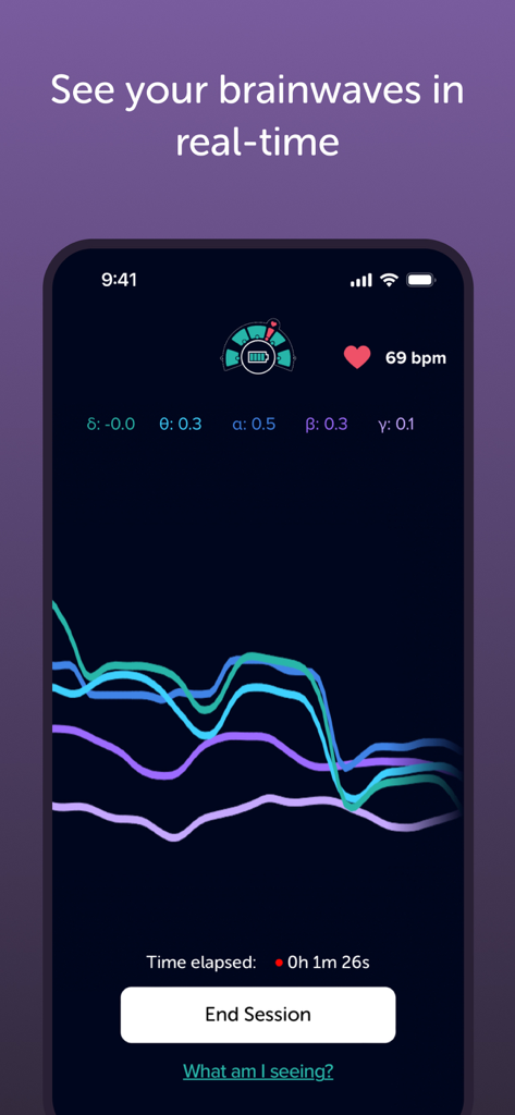 Muse: Brain Health & Sleep - Muse app interface showing real-time brainwave visualization and heart rate biofeedback