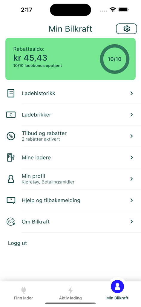 Bilkraft app profile interface displaying reward balance earned bonuses and menu options for charging history and settings