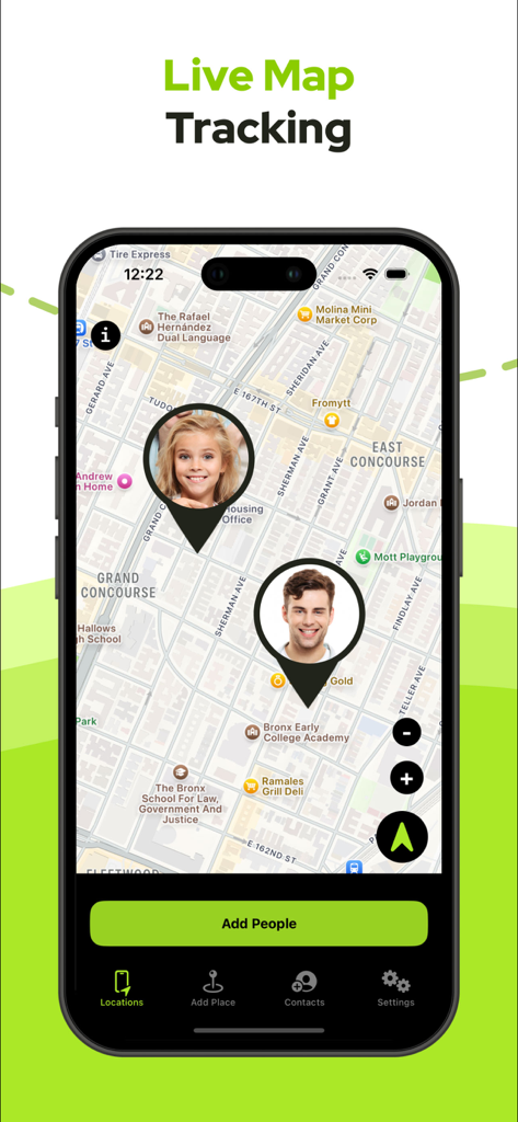 Smartphone screen showing the live map tracking feature with family members located on a street map