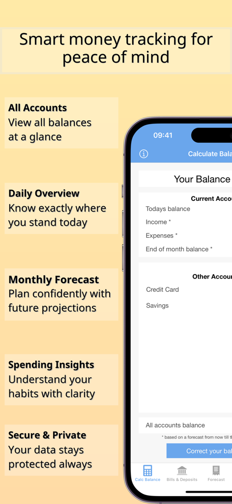 Captura de pantalla de la aplicación Balance Guide que muestra el resumen de cuentas, el pronóstico mensual y las perspectivas de gasto en un iPhone.