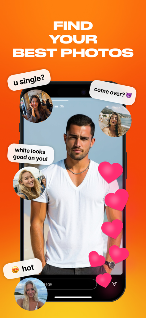 Un smartphone que muestra el retrato de un hombre rodeado de reacciones en redes sociales y corazones para promocionar la app Face Card.