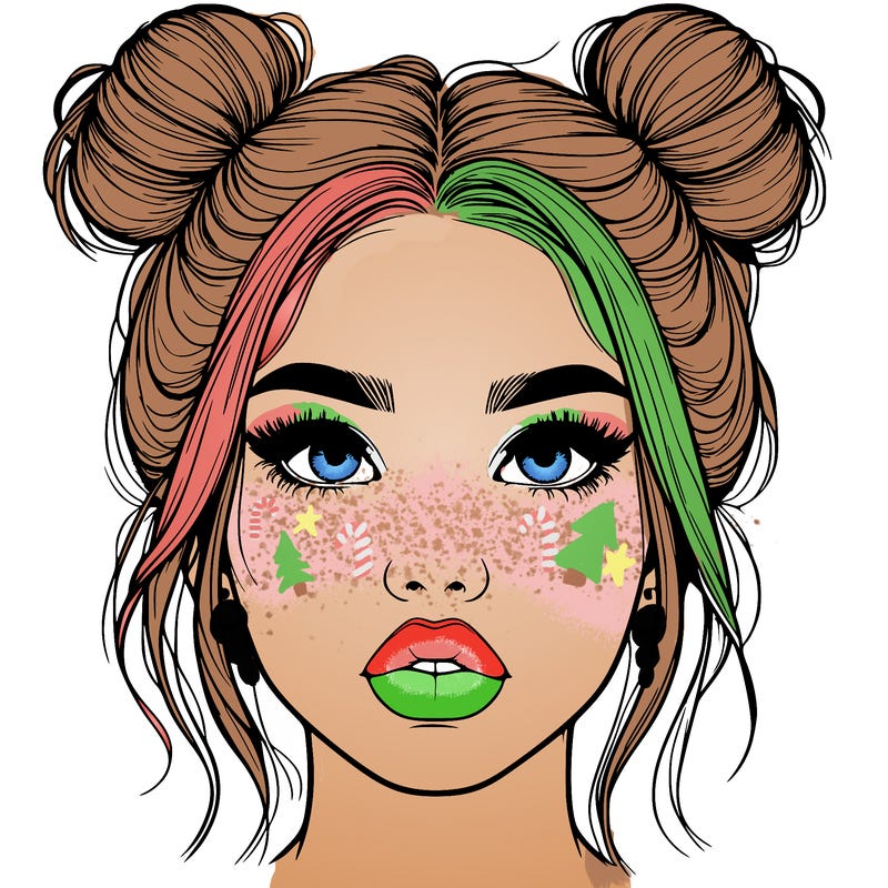 realistic girl with two buns on her hair and lips