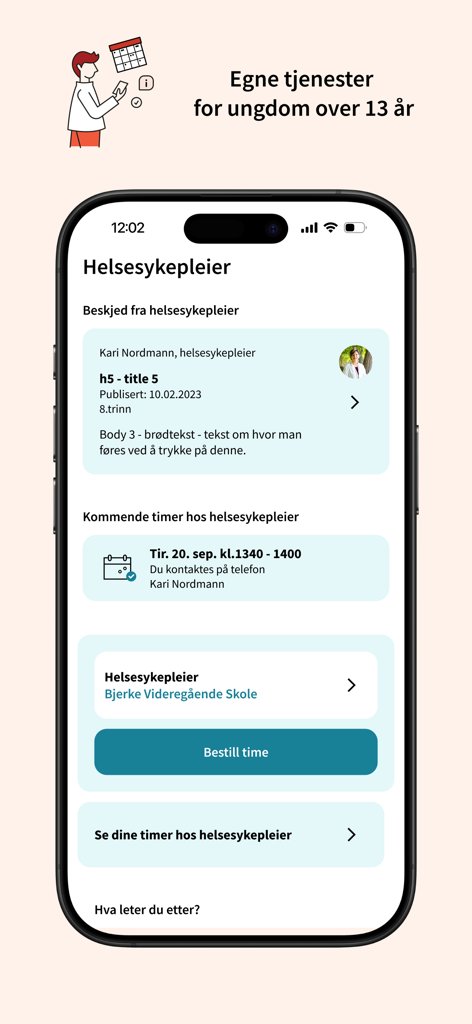 Helsenorge - Helsenorge mobile app screen displaying health services for youth including nurse messages and appointment booking
