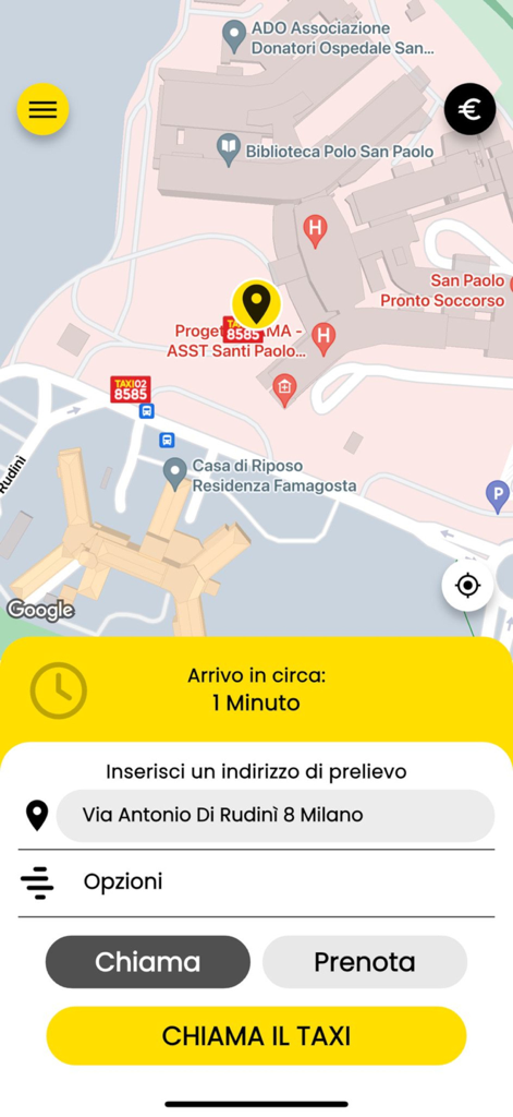 inTaxi, il tuo taxi - Mobile app interface of inTaxi showing a taxi booking screen with a map and a one minute arrival time in Milan