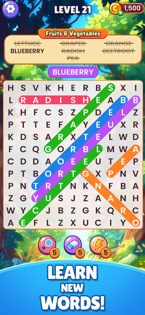 WordSearch Find Infinite Words - Gameplay screen of WordSearch showing a fruits and vegetables word puzzle with a nature background