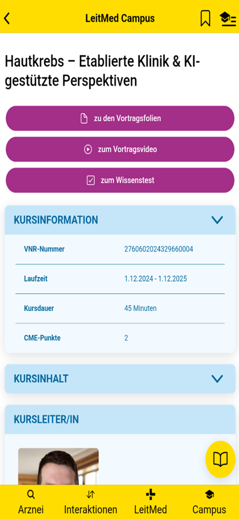 Medical education course interface in the Gelbe Liste app showing details for a skin cancer training module with CME points.