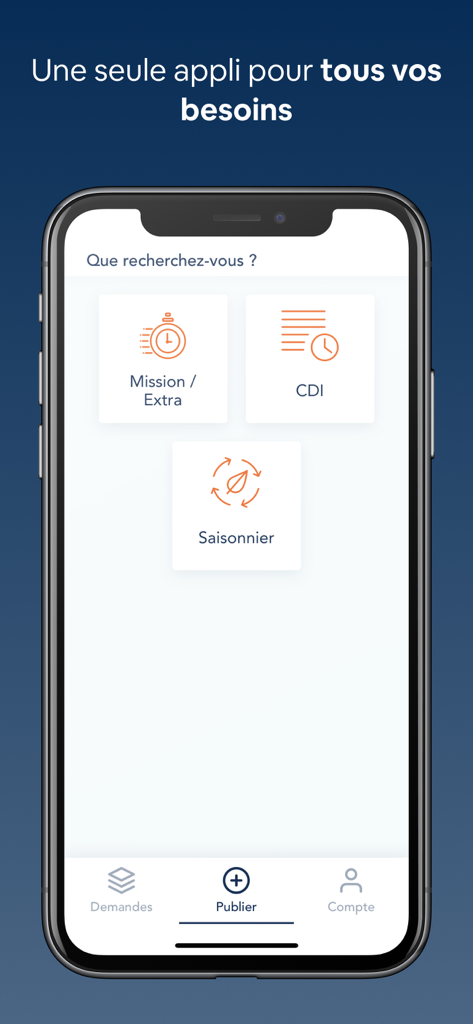 Extracadabra - Recrutement - Extracadabra app screen showing hiring options for temporary missions permanent contracts and seasonal staff