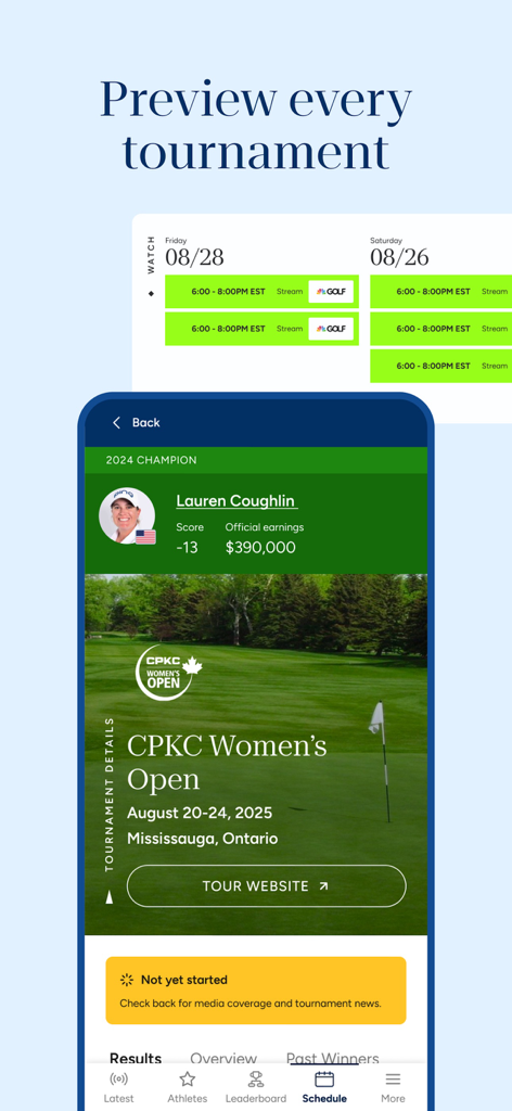LPGA 앱 스크린샷에 2024년 챔피언 세부 정보 및 이벤트 일정과 함께 CPKC Women's Open 토너먼트 미리보기가 표시됩니다.